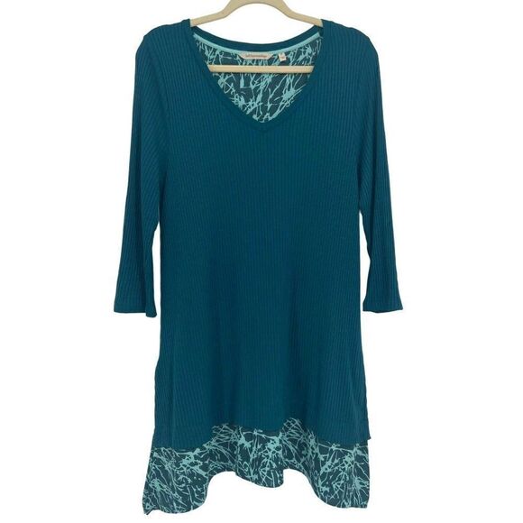Soft Surroundings 3/4 Sleeves Ribbed V-neck Layered Tunic Teal Medium - Picture 1 of 9